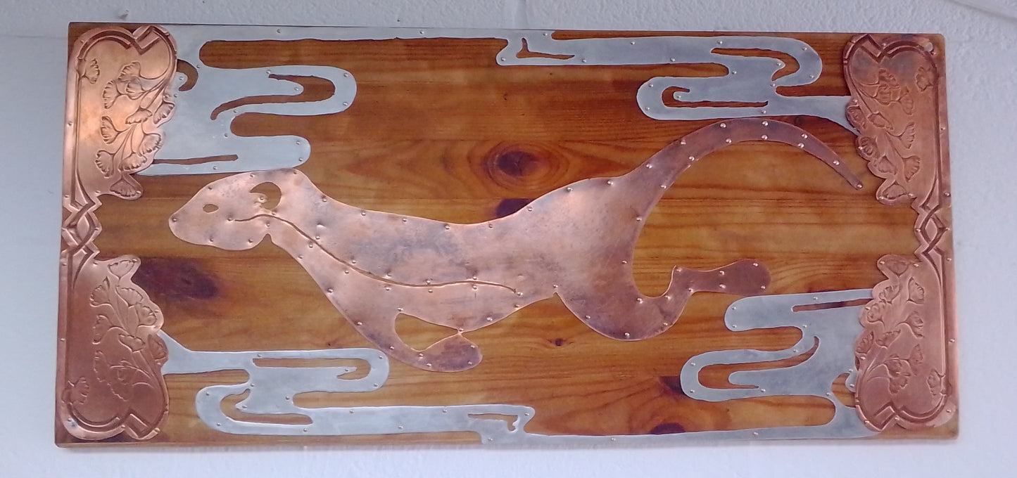 "Lutra" hand tooled wood copper/ metal plaque with decorative otter design